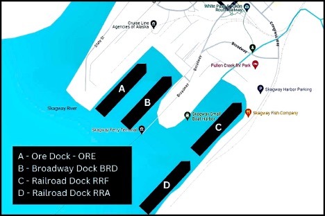 Map of Skagway docks showing A Ore ORE B Broadway BRD C Railroad RRF D Railroad RRA